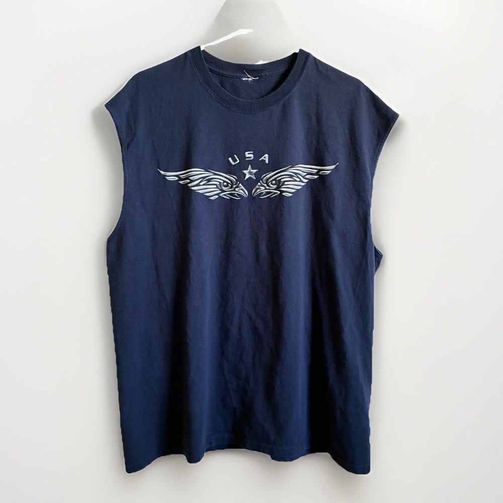 Y2K USA America Patriotic Eagle Graphic Print Grunge Biker Sleeveless Shirt XL